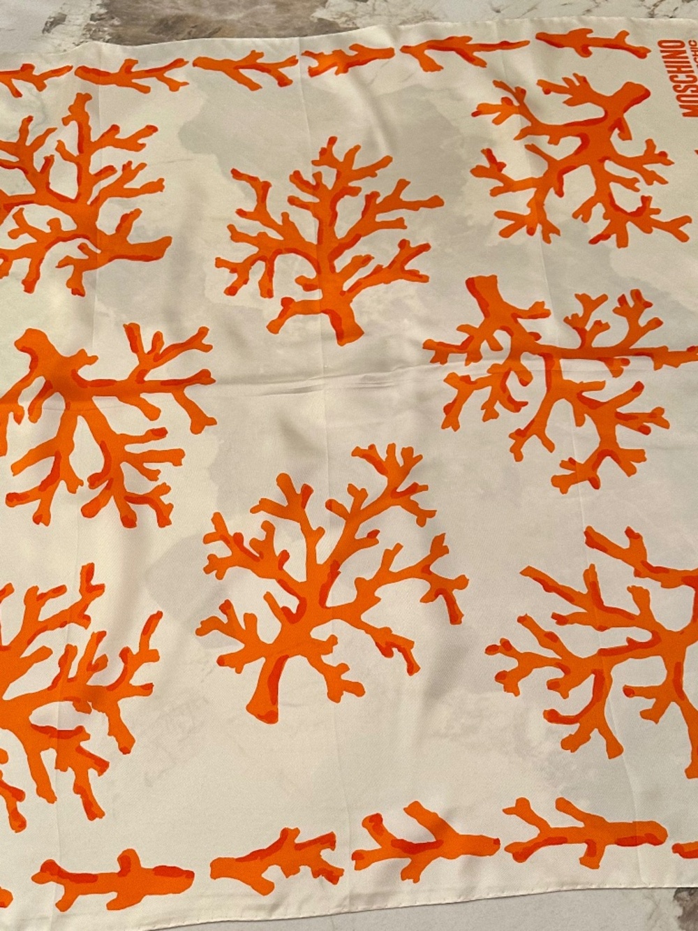 Moschino Cheap and Chic orange coral silk print scarf 34” x 34” #coral #designer